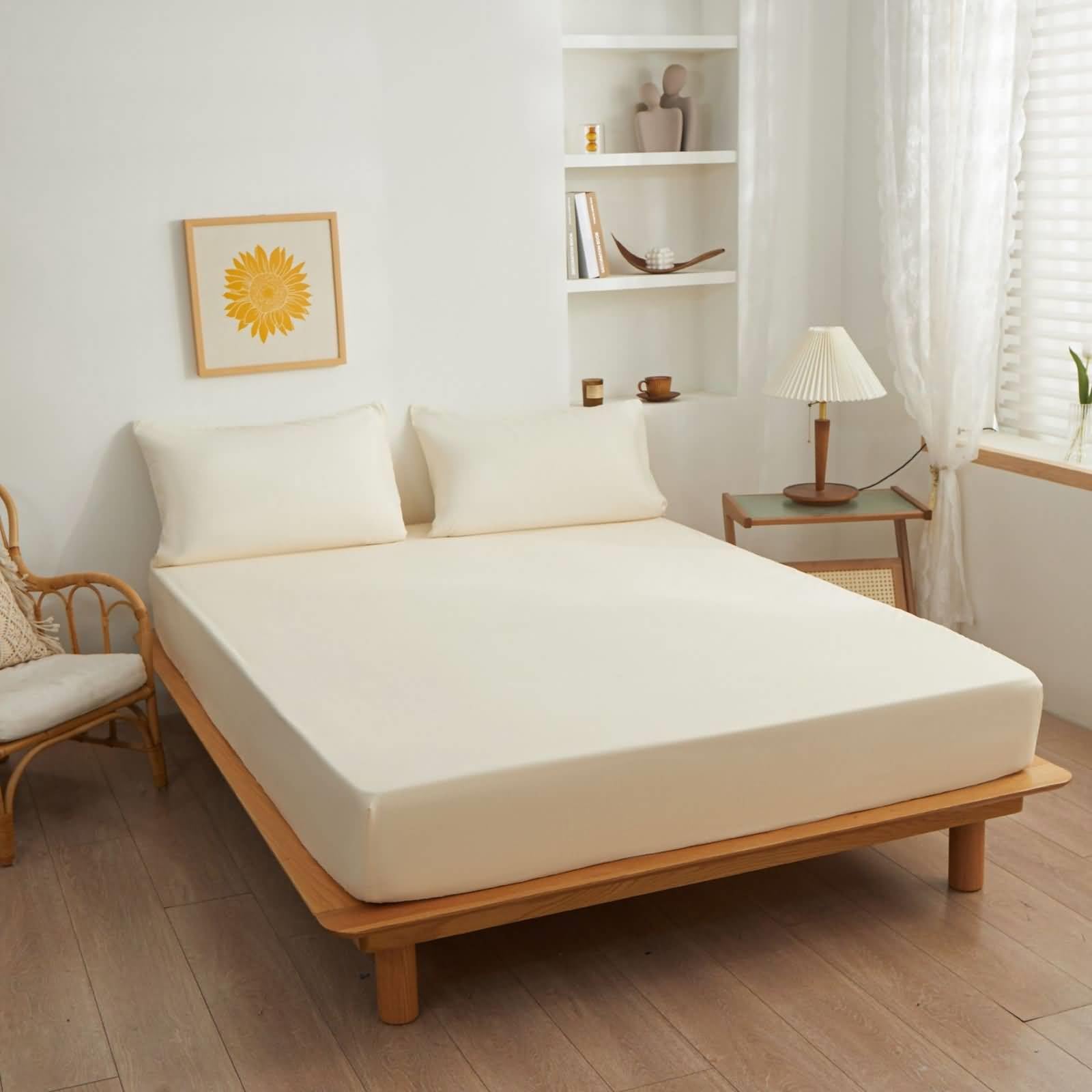 Epinki Fitted Bed Sheet, Super King, 180x200cm, Deep Pocket 27 cm, Beige, Polyester Solid Color Fitted Sheet