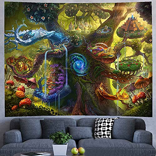 X-Sister Fantasy Forest Cartoon Tapestry Magic Fairy Tale Castle Big Tree Magic World Game Mushroom Decoration Aesthetic Art Wall Hanging Short Plush 8060 Inches Living Room Bedroom Dormitory Digital Printing Home Decoration Ta21207 #TOP1