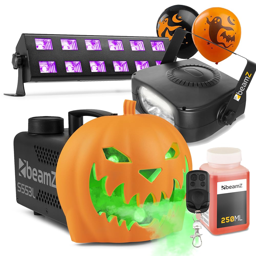 Beamz Complete Halloween Lighting Package with S553L Pumpkin Fogger, BUV263 UV Bar & Strobe Light - Party Decorations, House Props, Spooky Decor & Halloween Party Lights