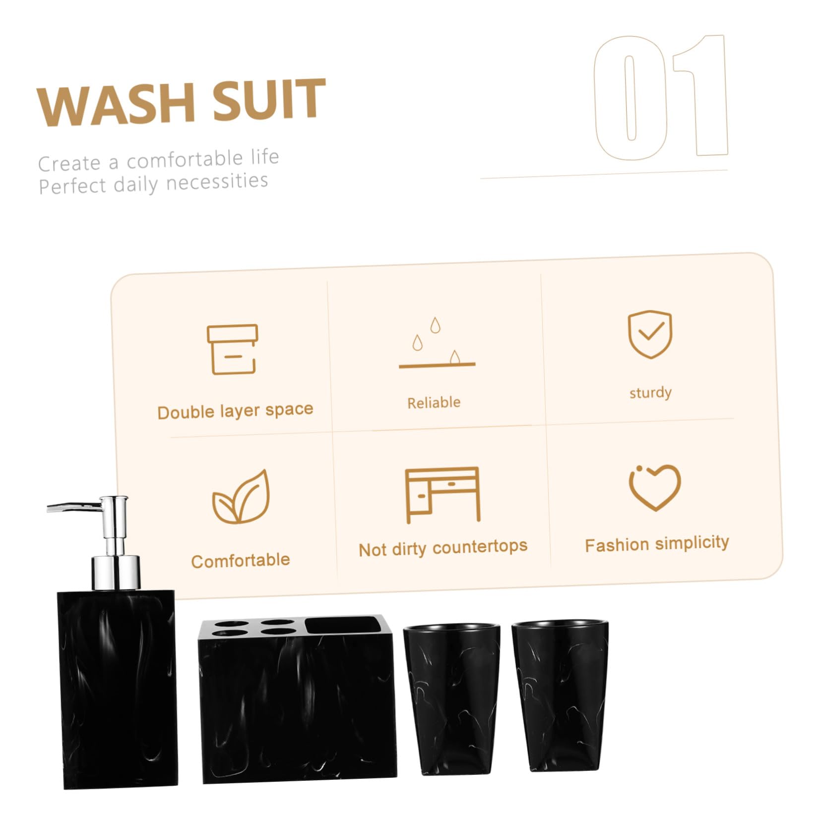 SOIMISS Juego de Accesorios de Baño Resina Negra 5 Piezas Efecto Mármol Fácil de Limpiar, Soporte para Cepillos, 2 Vasos y Jabonera