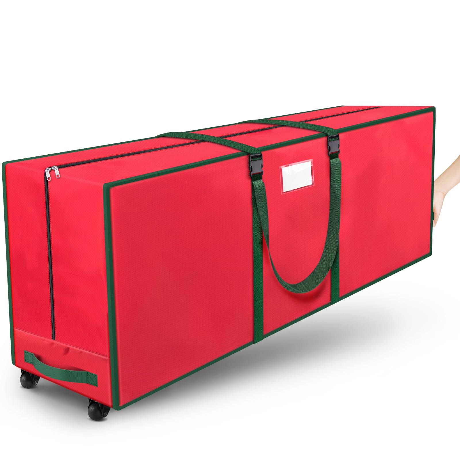 Christmas Tree Storage Bag, Rolling Storage Bag with 1.6-Inch Wheels for Easy Transport, Up to 9 ft For Disassembled Holiday Tree, Zippered Bag, Length-Adjustable Handles, Red