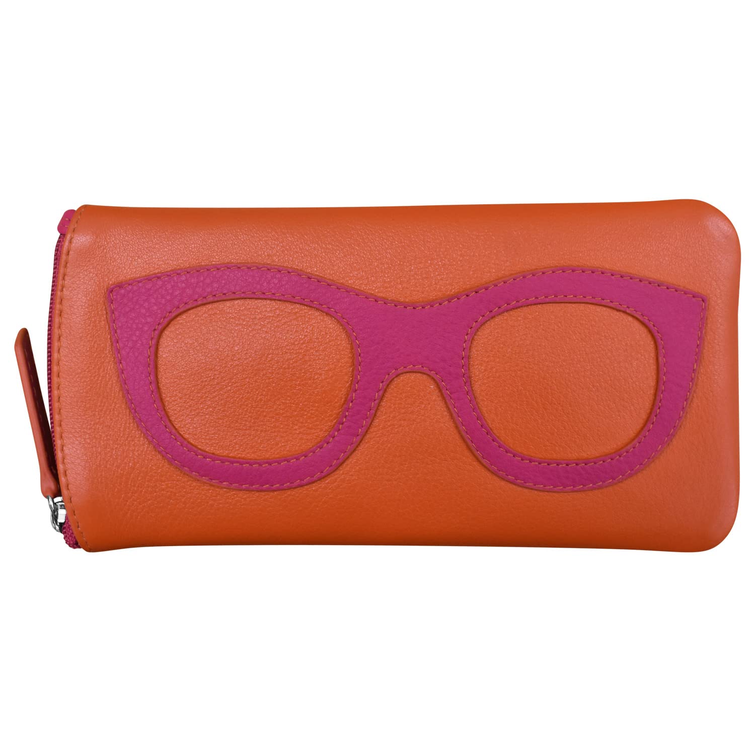 ili New YorkGenuine Leather Eyeglass Case -Zippered Enclosure Sunglass Holder w/Frame Silhouette Embellishment
