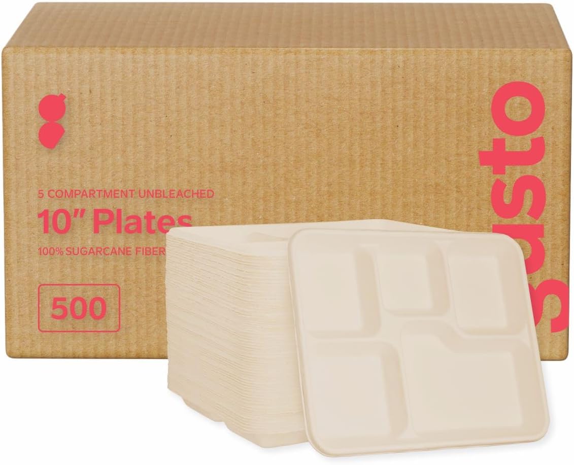 GUSTO [Case of 500 100% Compostable 5 Compartment Kraft Disposable Plates - 10 Inch Paper Plates, Eco-Friendly Sugarcane Trays- Brown Unbleached (Formerly Comfy Package)