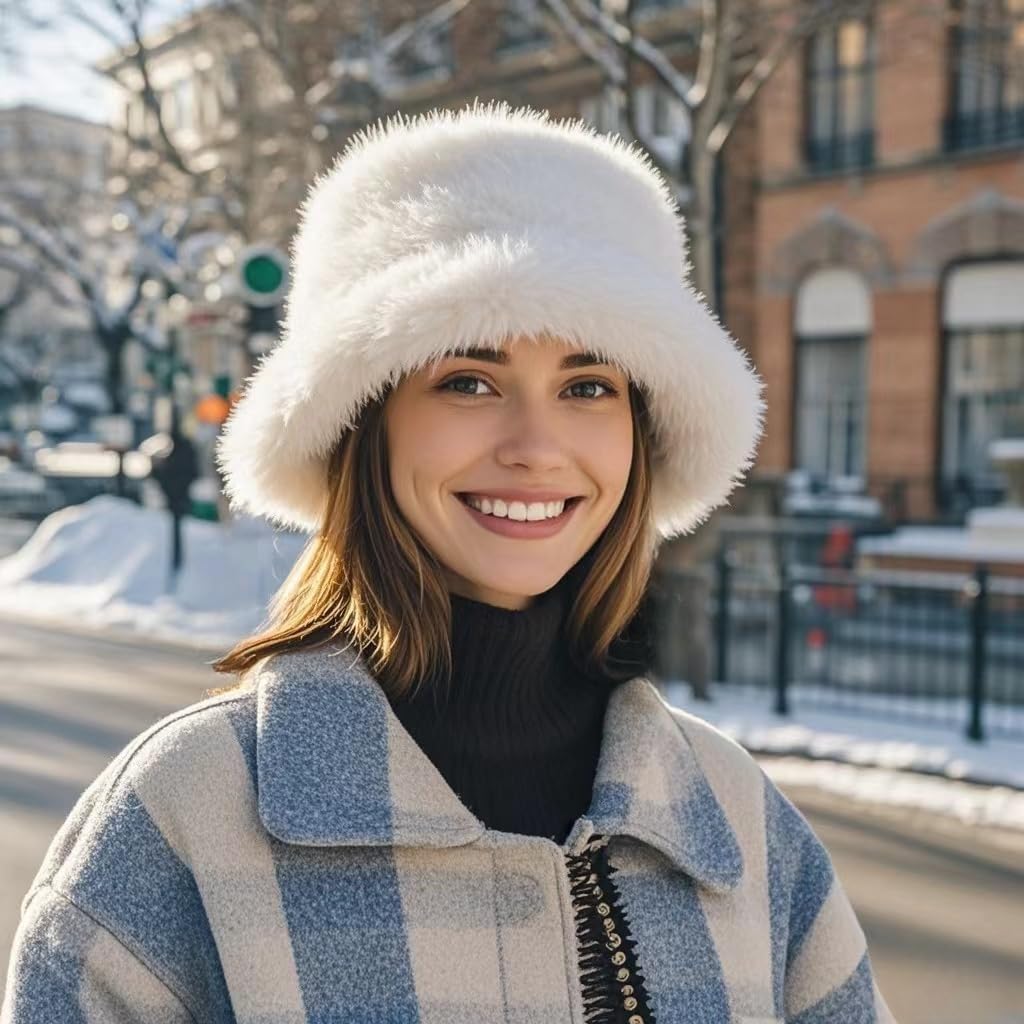 Women's Winter Faux Fur Fuzzy Warm Bucket Hat Furry Fisherman Plush Hats for Women - Image 6