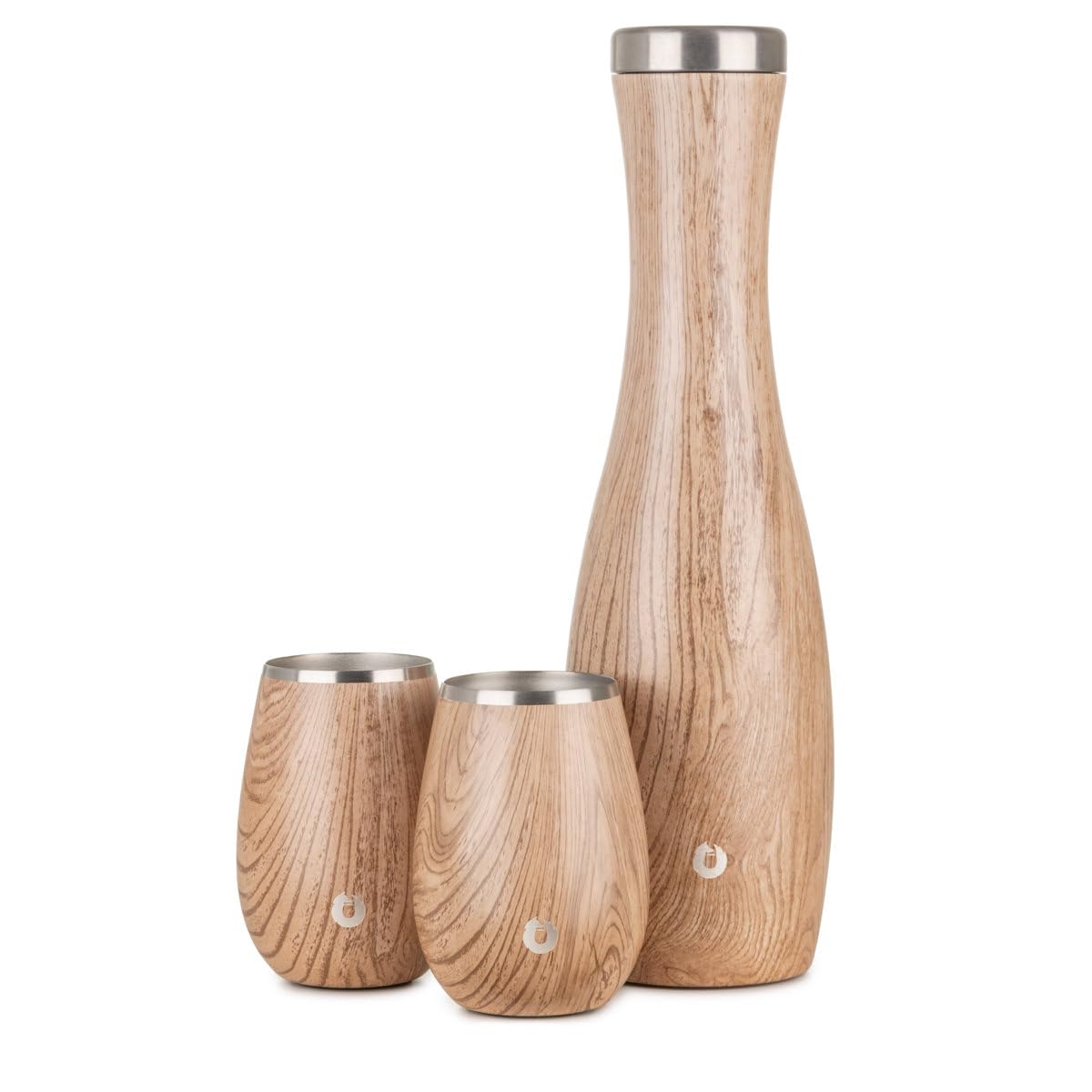 Snowfox Caraffa da vino e bicchiere, caraffa termica in acciaio inox e set di 2 calici da vino abbinati, teak naturale