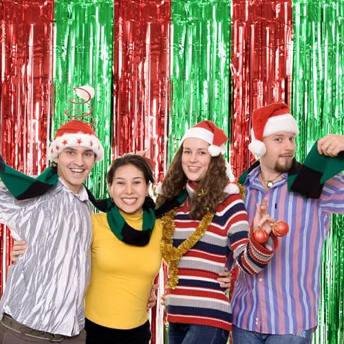 Image of TONIFUL 3Pcs Red Green Door Streamers,Red GreenPhoto Booth Backdrop Metallic Streamers Foil Fringe Curtains for Birthday,Christmas,New Year,Bachelorette,Grad Party Streamers Decor(9.9ft x 6.6ft)