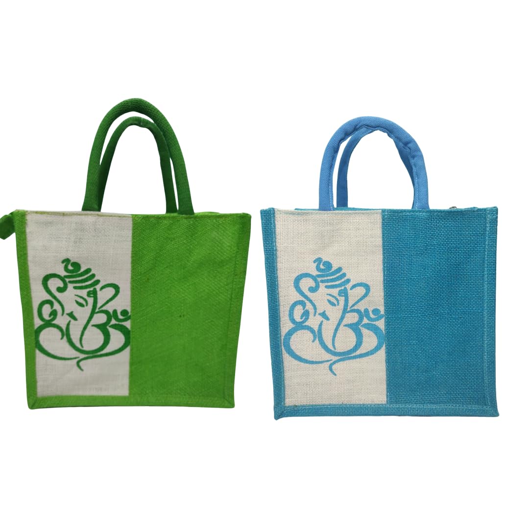 AhanS World Set of 2 Ganesh printed Jute Bags Small size best for Gifting Orange & Blue (B0CK98VN9D) Amazon Price History, Amazon Price Tracker