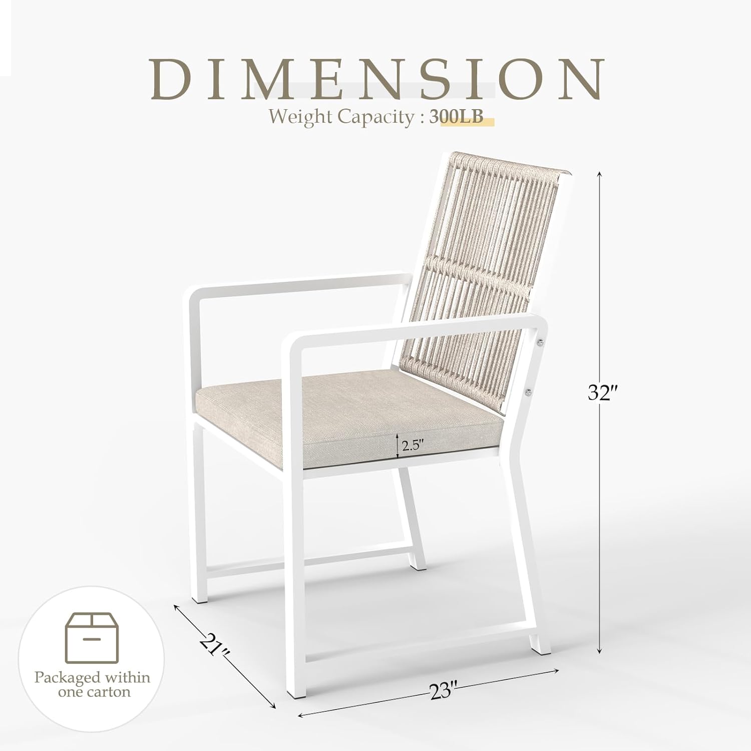 Outdoor Patio Wicker Rattan Dining Chairs, Heavy-Duty Wrought Iron Frame Supports 300lbs, Ergonomic Backrest, Detachable Breathable Cushion, for Garden & Porch, White, Set of 2