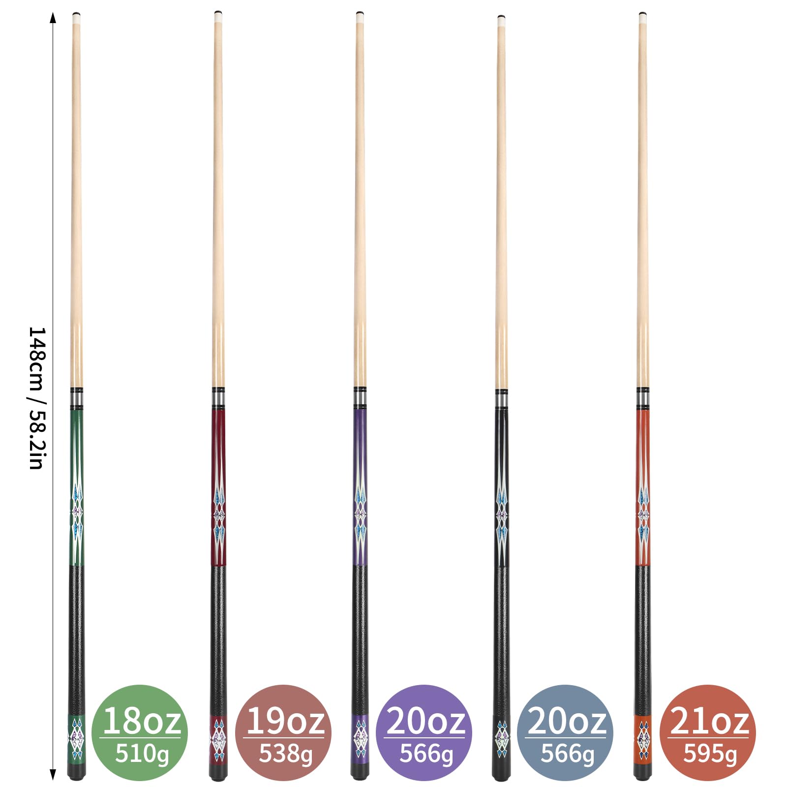 Kmise Pool-Queue-Set – 147 cm Langer Queue, professioneller Billardqueue aus kanadischem Ahorn, für Erwachsene, 510–595 g, geeignet für Billardtische in Bars und Wohnhäusern