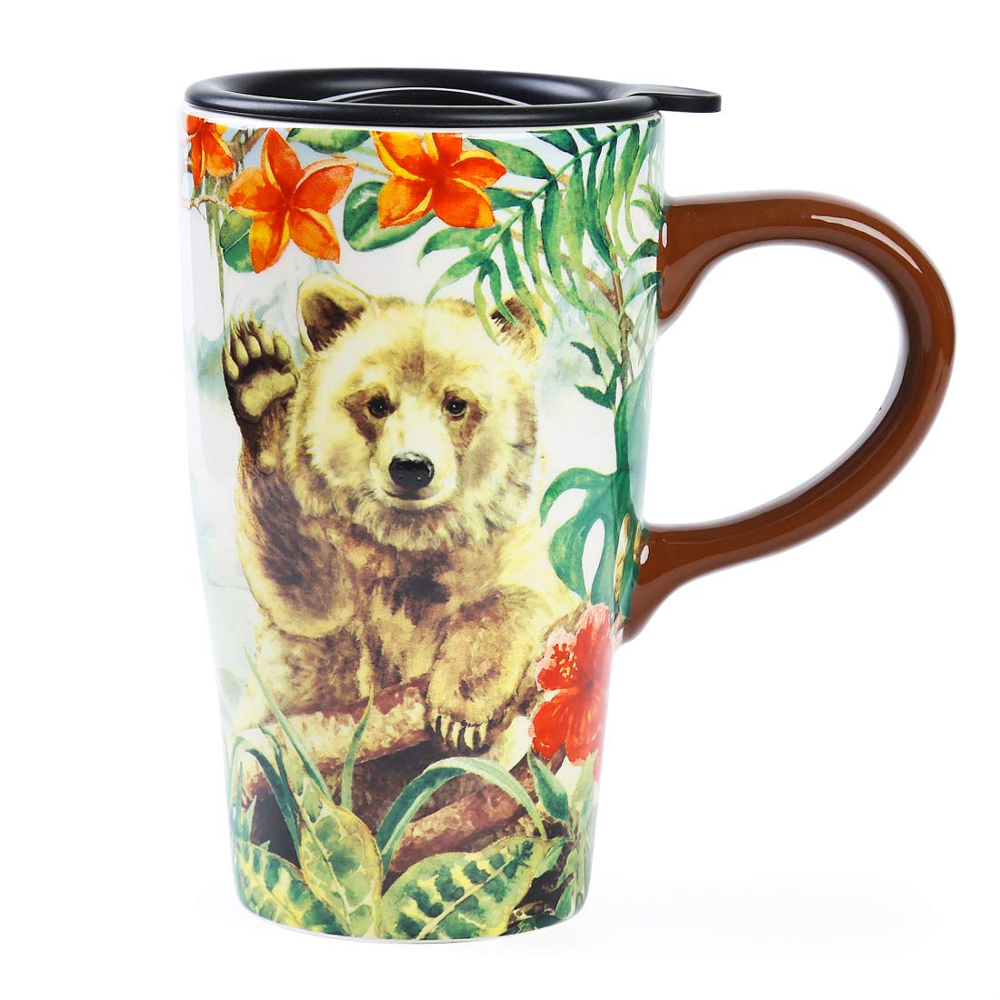 Ceramic Coffee Mug，Animals Travel Cup with Lid，Handmade Milk Tea Mug 16oz-Grizzly