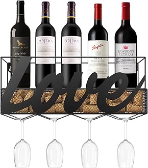 Nuovoware Wall Mounted Metal Wine Racks, 4 Long Stem Wine Glass Holder & Wine Cork Storage, Wall Deco Display Rack for Home, Room, Living Room, Kitchen - Black