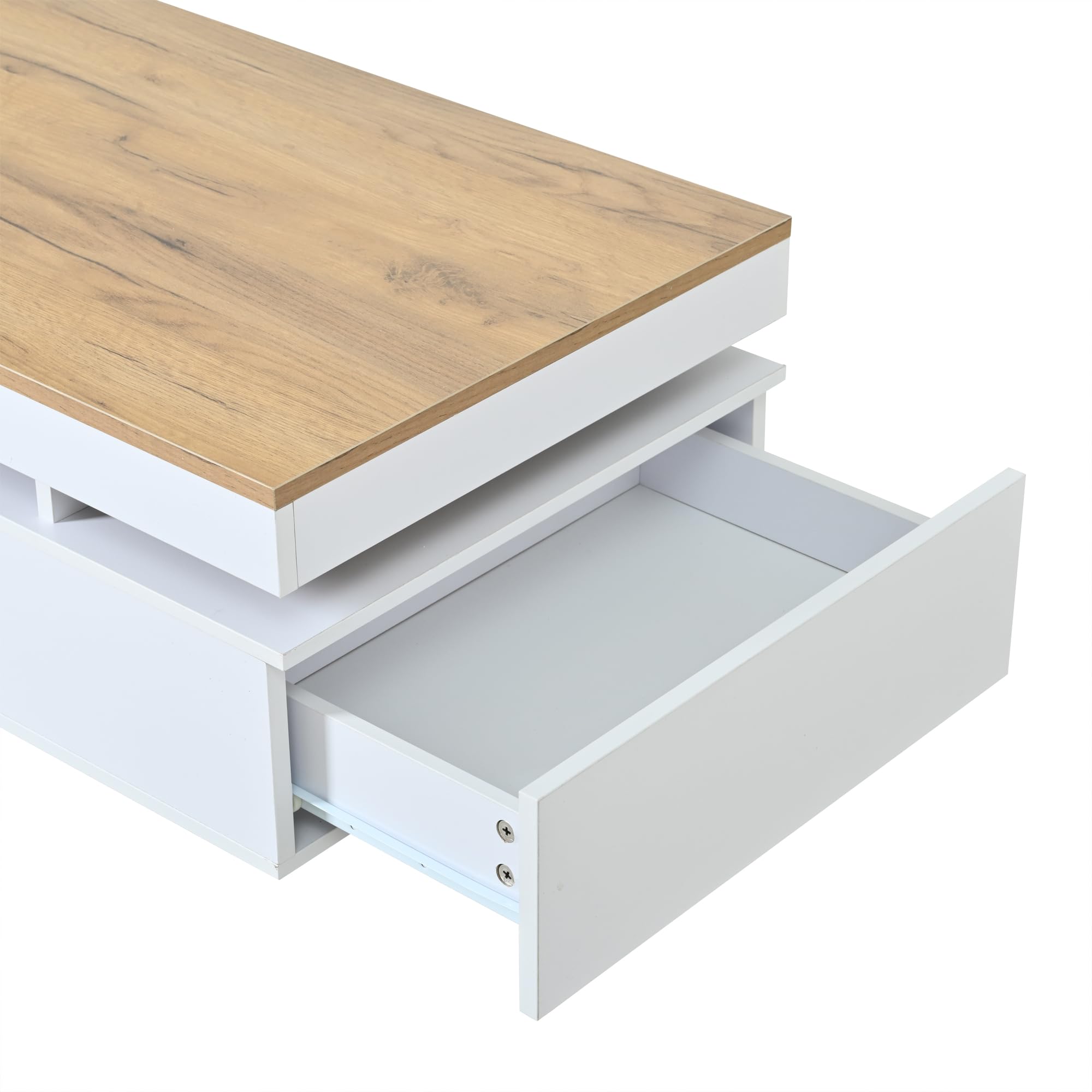 SACOOL 100 x 50 x 35 cm Mesa de centro con 2 cajones, mesa auxiliar LED de alto brillo, mesa de té, mesa de sofá, mesa de salón, mesa de café, color blanco + tono de madera, blanco, madera