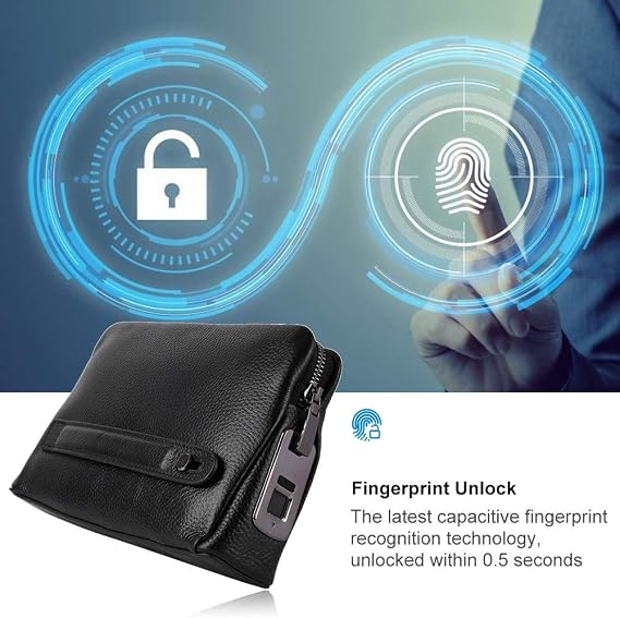 Fipilock FL V1 Men Zipper Leather Wallet Smart Fingerprint Security Handbag Black Long Standby