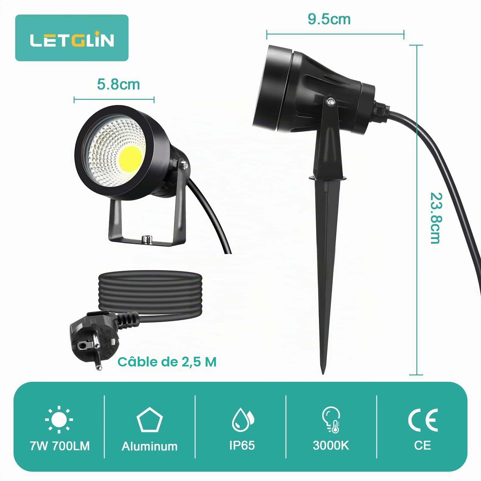 7W Spot LED Extérieur avec Piquet, 700lm Ultra-Lumineux Lampe Jardin, IP65 Lumiere Exterieur, 3000K Lumiere pour Murs, Terrasses, Arbres et Allées, 2 Pièc