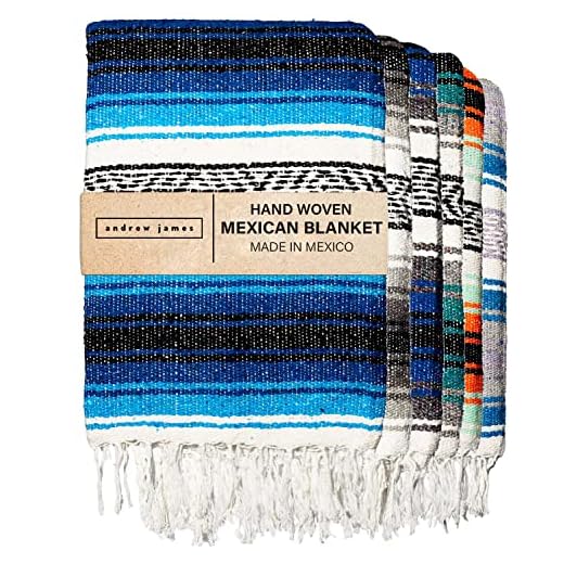 Andrew James Authentic Mexican Blankets - Traditional Handmade Woven Throw Blanket - Perfect for Yoga, Beach, Home Decor, Camping, (Blue Waters)