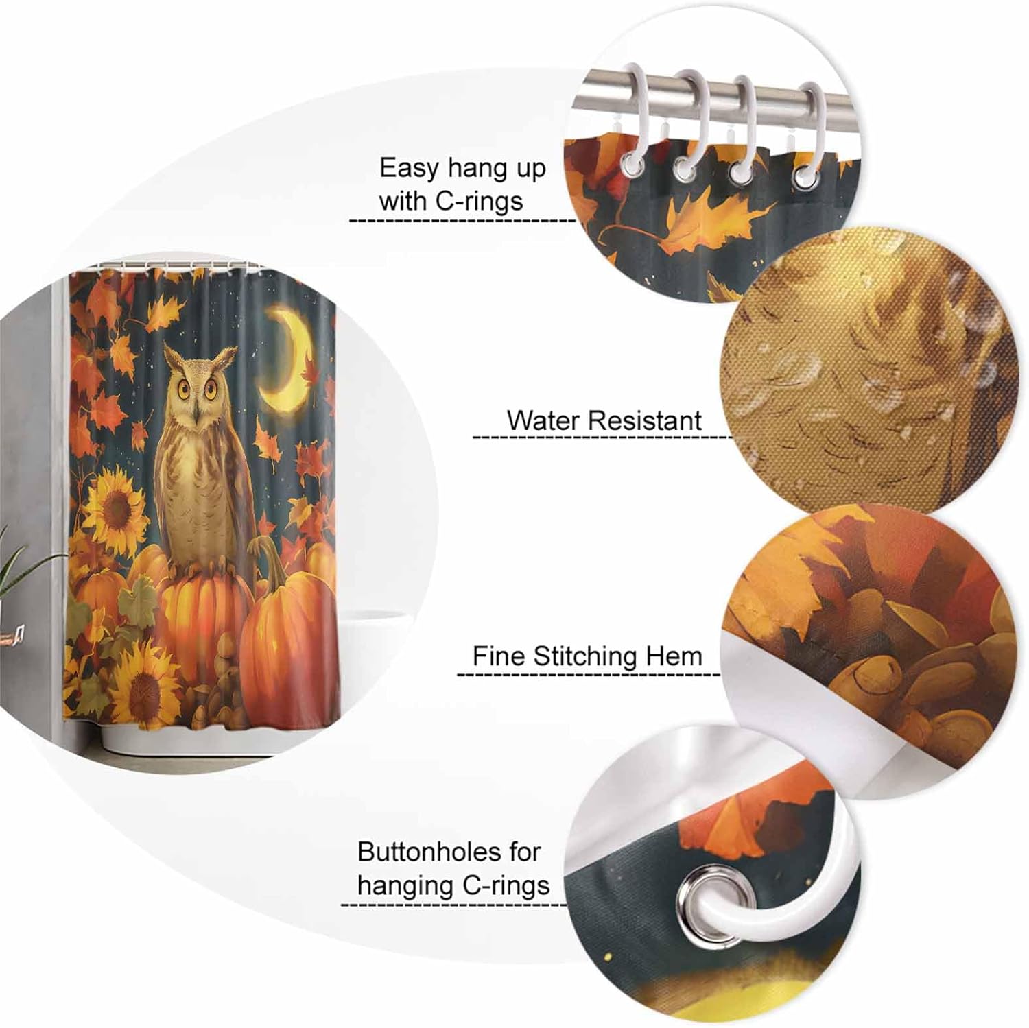 Fabric Shower Curtain for Bathroom, Fall Night Owl Custom Shower Curtain Set with Hooks, Luxury Bathroom Curtains, Pumpkin Maple Leaf Waterproof Polyester Bathroom Accessories, 36x72inch