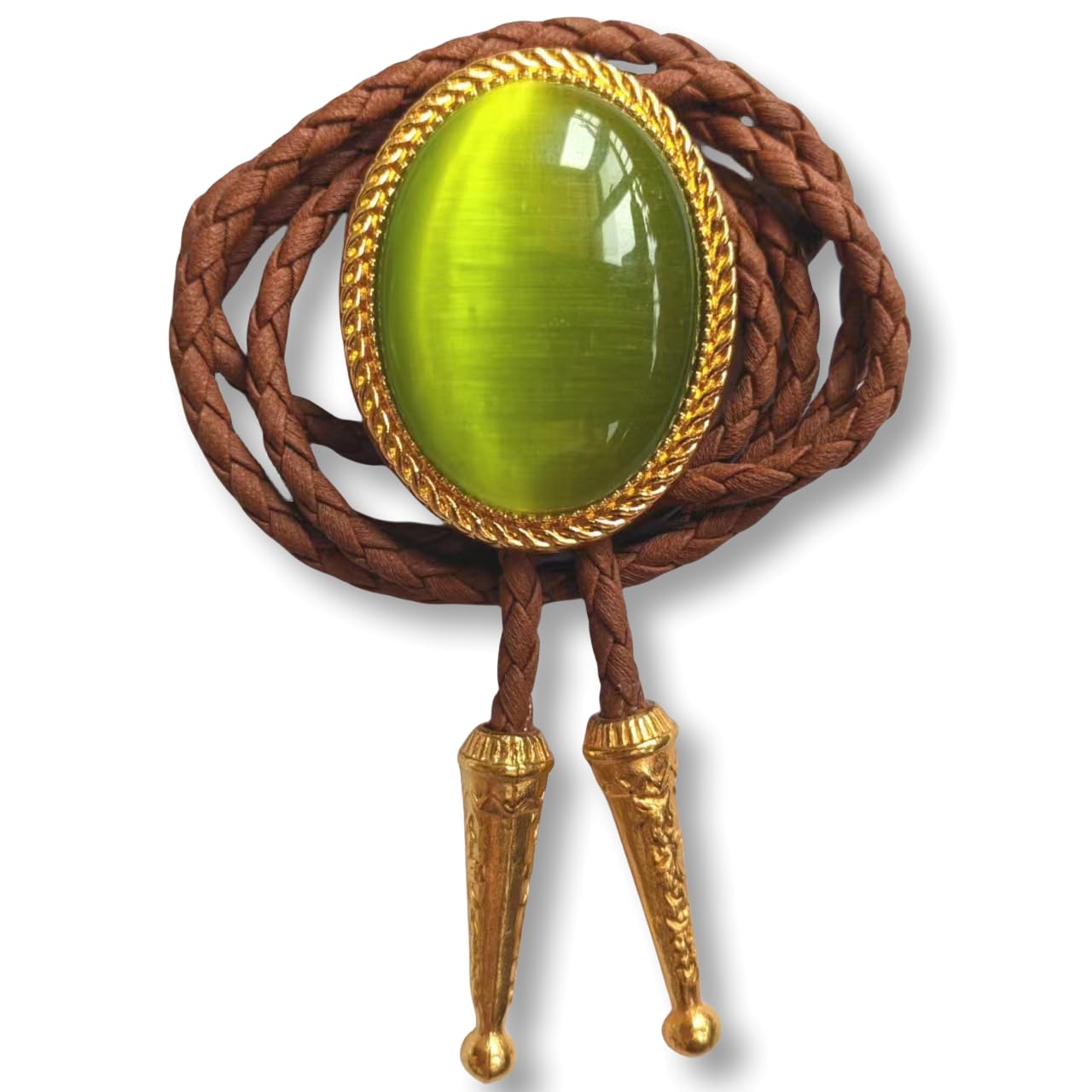 Himongoo Unisex Golden Green Cat-Eye Stone Bola Bolo Tie Brown Leather Wedding Necktie For Men Women Western Bolo Necktie