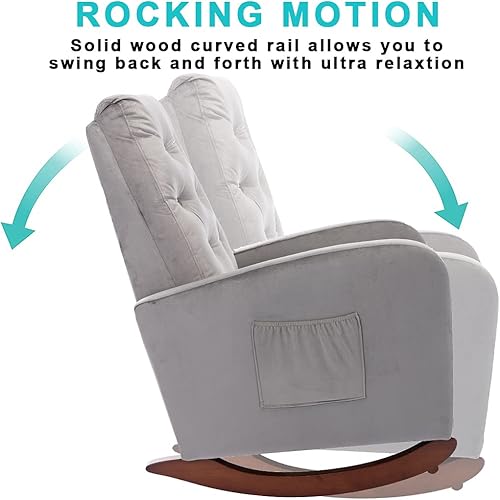 Miniatura 3 de Silla mecedora decorativa, capitoné tapizada de terciopelo de lujo, sillón mecedor deslizante con bolsillo lateral para guardería, sala de estar,