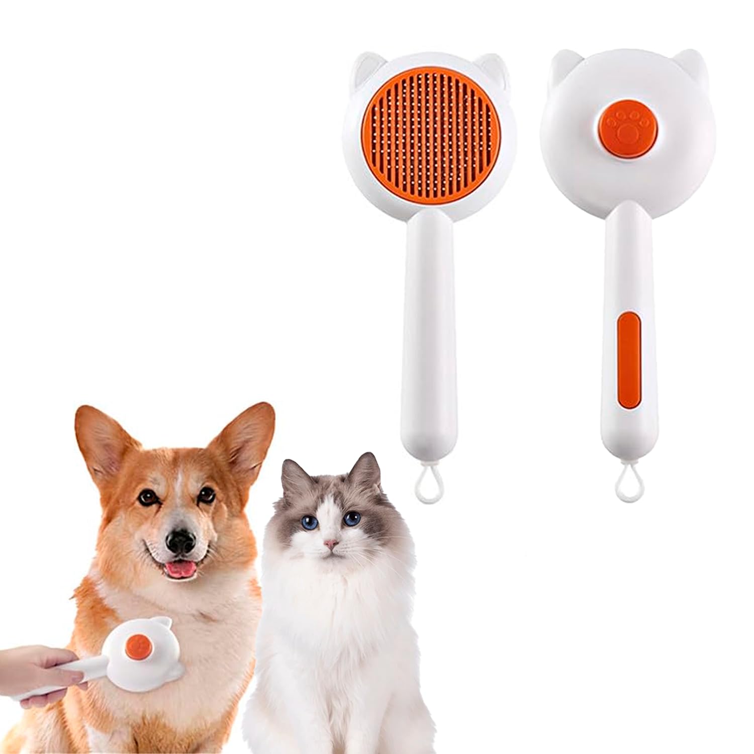 Small Dog and Cat Grooming Kit, Self Cleaning Cat Comb Hair Brush for Indoor Cats, Dog Deshedding Brush Grooming Kit, Pet Supplies Hair Remover Tool, One Click to Clean, (Orange)