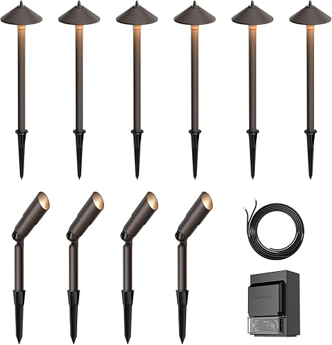 Kit de iluminación de paisaje con transformador exterior de bajo voltaje de 150 W y halógeno de 12 V, 6 unidades de luces de camino de bronce de 10
