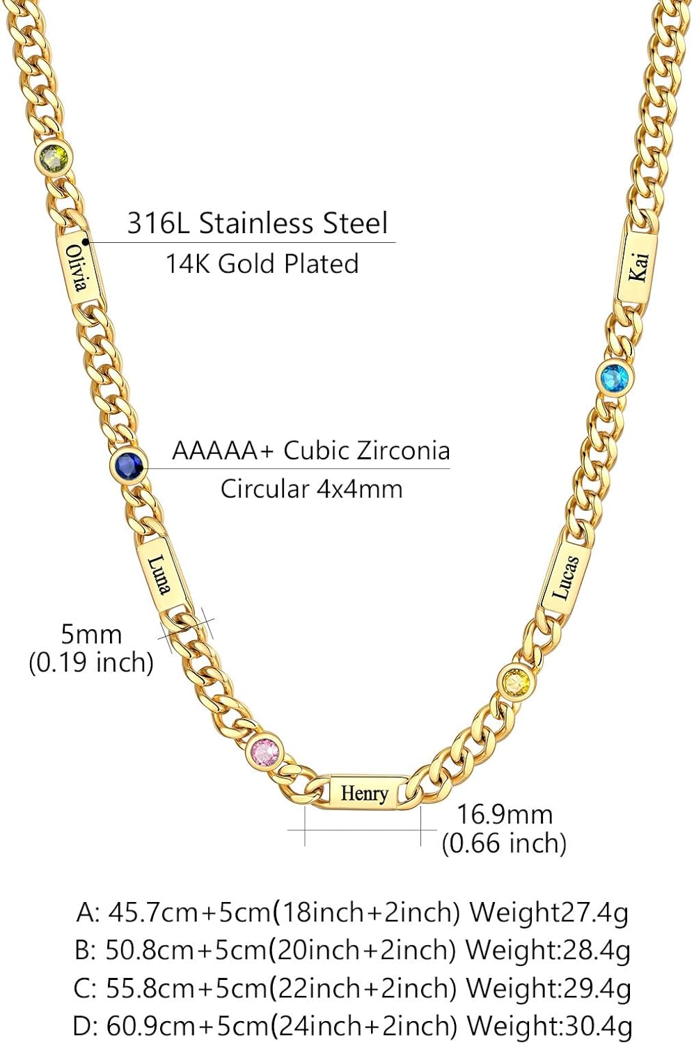 Custom4U Personalized Cuban Link Birthstone Necklace for Women Men, Stainless Steel Cuban Chain 5mm Custom 1-6 Names, Jewelry Gifts for Birthday, Mothers Day, Christmas, Fathers Day