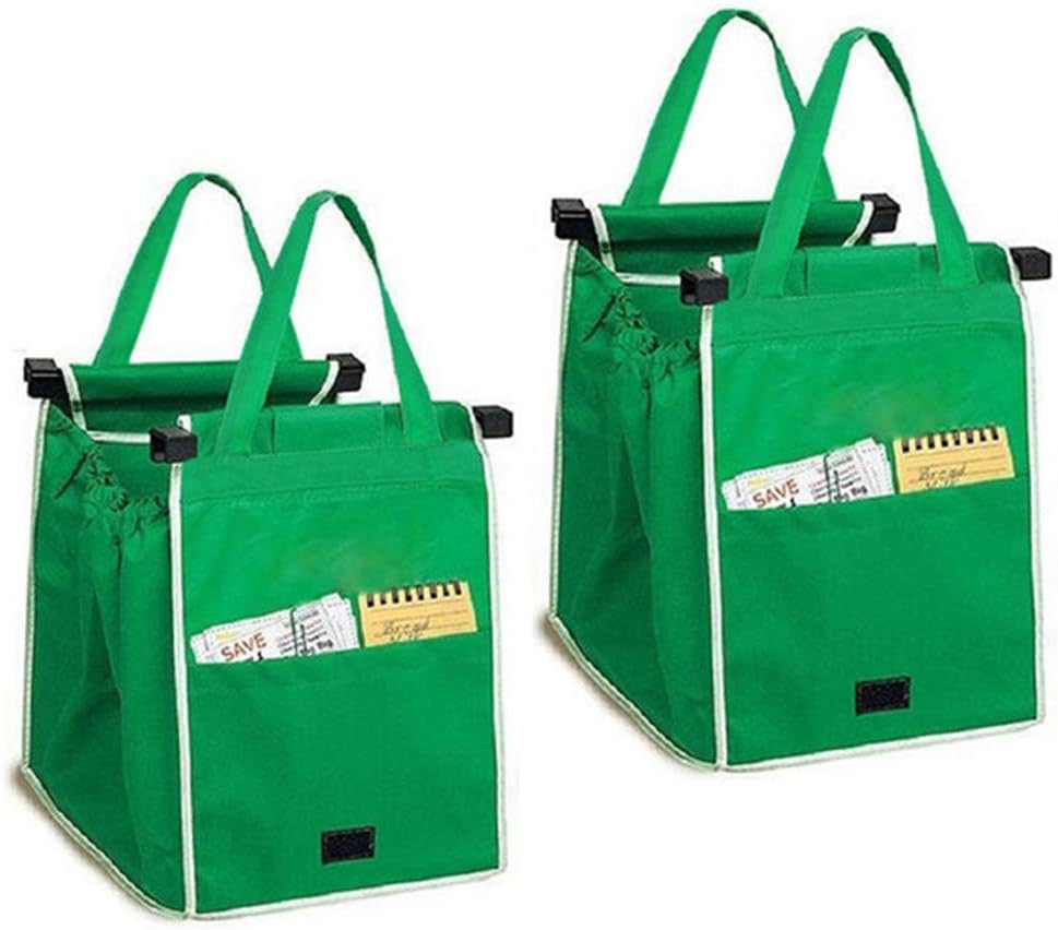 Trolley Bags, 2 Pack Reusable Grocery Shopping Cart Bags, Foldable Grocery Shopping Tote Bags with Handles, Easy to Clean, Clip on Shopping Cart (Green)