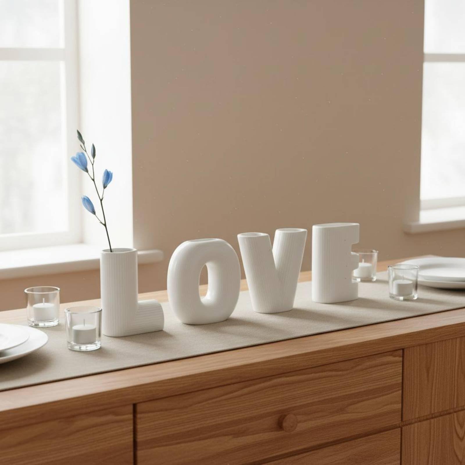 Colcolo 4 Stück Dekorative Vase Vase Buchstaben Vase Blumenvasen Set mit Glasiertem Finish für Einzelblumen Und Kleine Sträuße für Wohnzimmer Esszimmer, Weiß