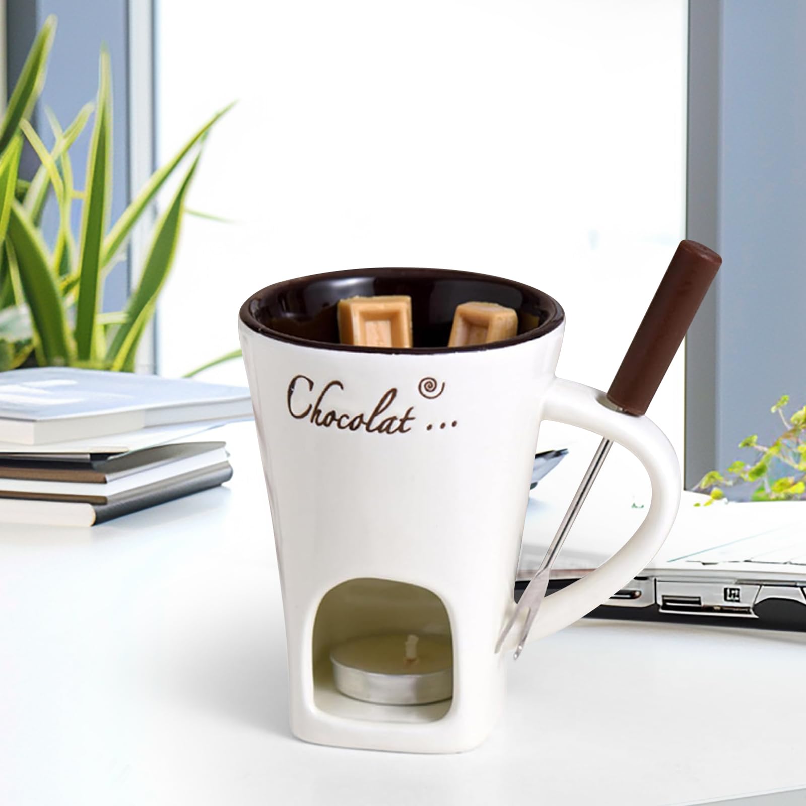 Tasse à fondue au chocolat en porcelaine de 200 ml avec fourchettes, ensemble de chauffe-beurre en céramique, tasse chauffante en céramique pour bonbons, collation, caramel (blanc cassé)
