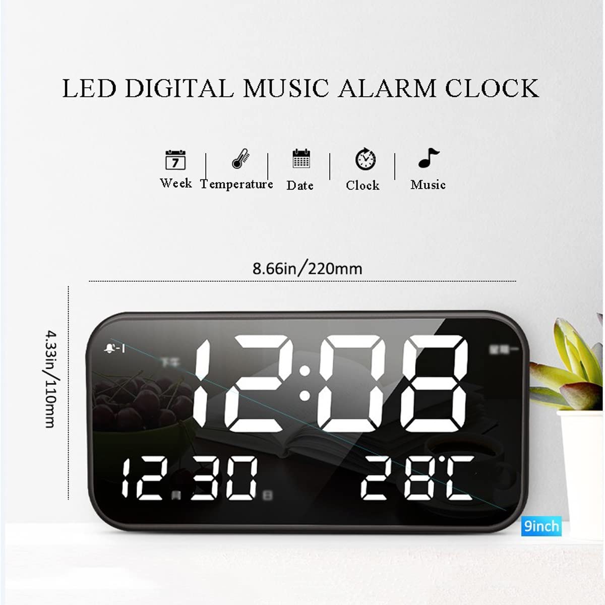 Cyfrowy budzik LED z muzyką - elektroniczny budzik z ładowaniem przez USB z aktywowanym głosem trybem oszczędzania energii, funkcją drzemki, regulacją jasności, 3 grupami trybów alarmowych (kolor: B