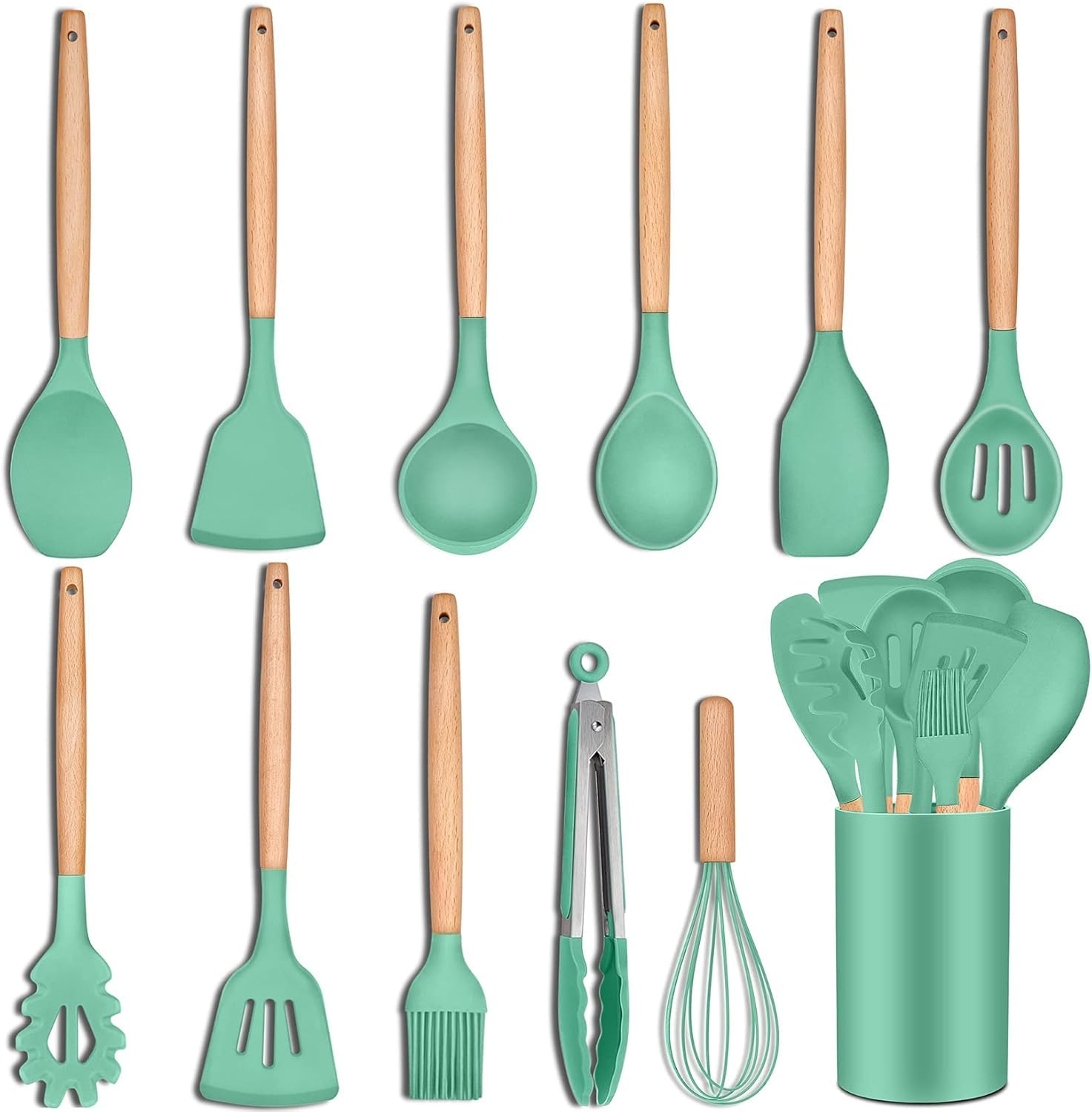 MOBDESK Silicone Kitchen Utensils Set of 12, 446°F Anti-Heat Kitchen Gadgets Cooking Utensil for Nonstick Cookware, Wood Handles Spatula Turner Spoon Tongs Whisk, Toxic-Free & Non-Stick (Green) (B0DBQCZDZW) Amazon Price History, Amazon Price Tracker