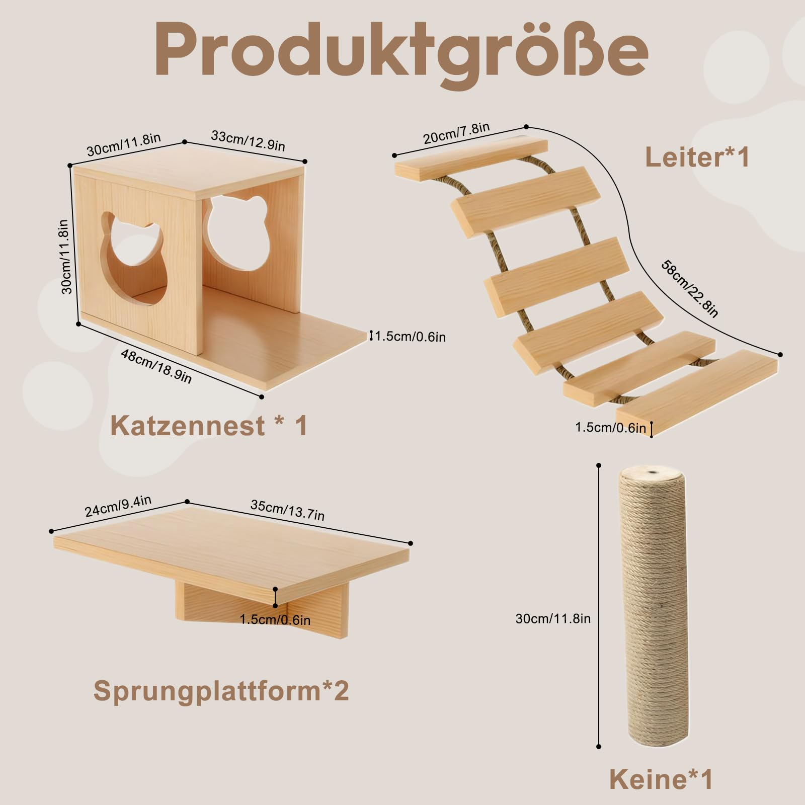 Kletterwand Katzen, 5-teilig Katzen Kletterwand Set, Katzenwandmöbel, Katzenmöbel mit 1 Katzenhäusern, 2 Plattformen, 1 Katzenleiter,1 Säule, bis 15 kg