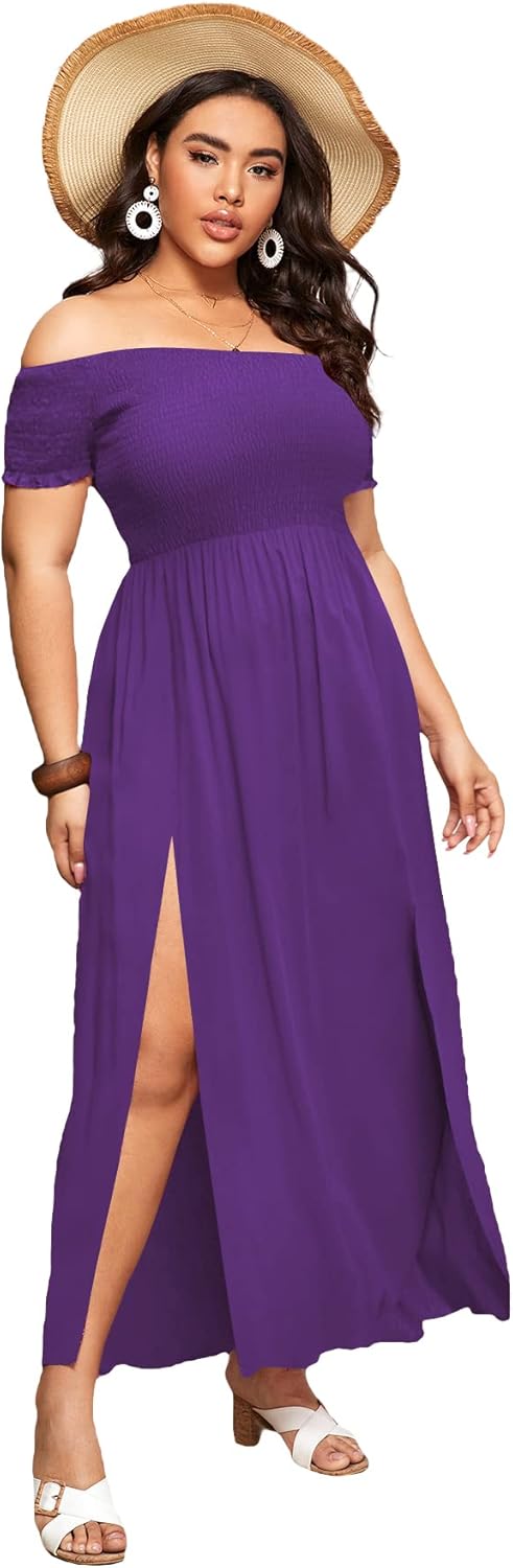 Floerns Women's Boho Floral Print Off Shoulder Split Long A Line Dress