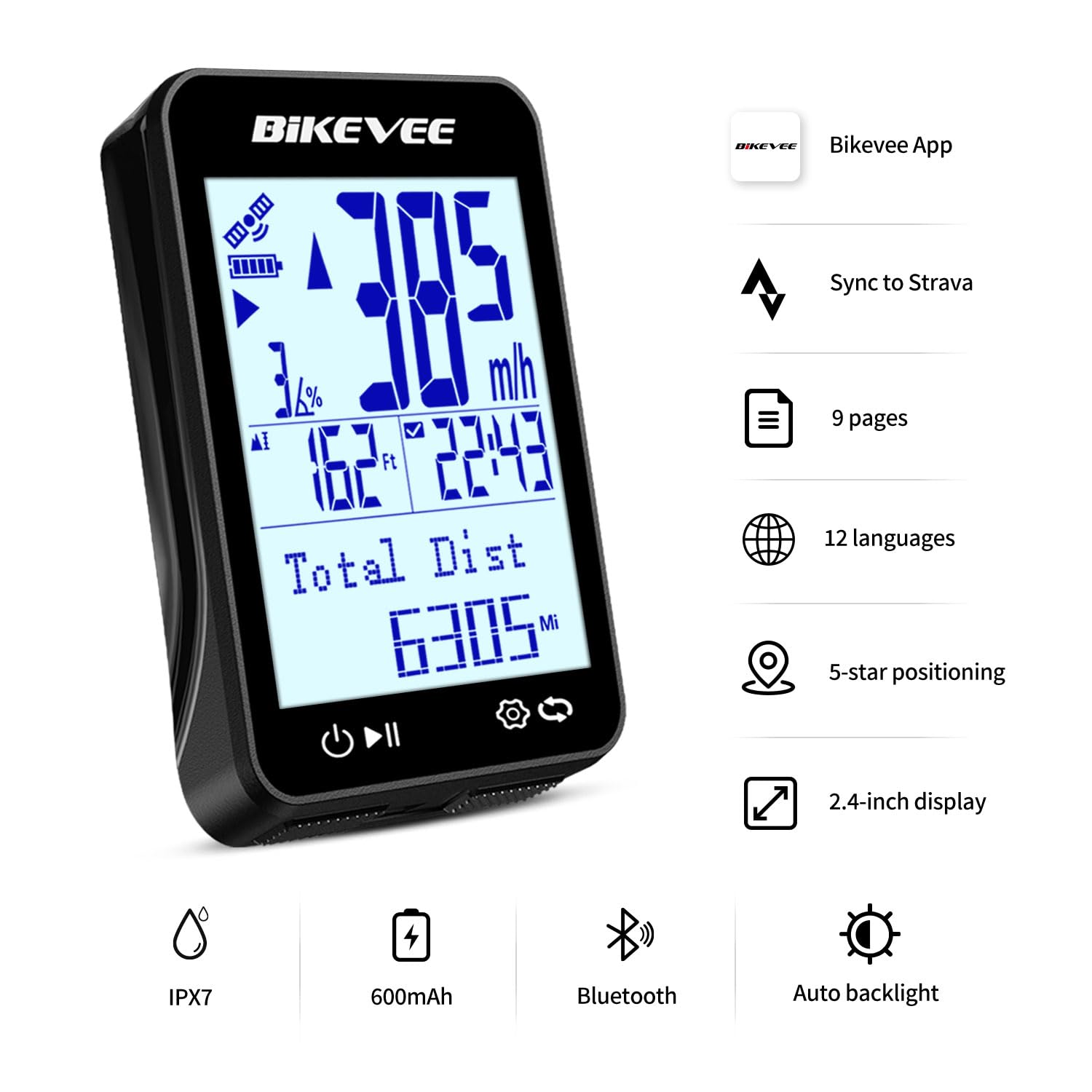 Komputer rowerowy GPS, bezprzewodowy, tachometr rowerowy z aplikacją Bluetooth i 12 językami, wodoszczelność IPX7, automatyczne podświetlenie, wyświetlacz FSTN 2,4 cala