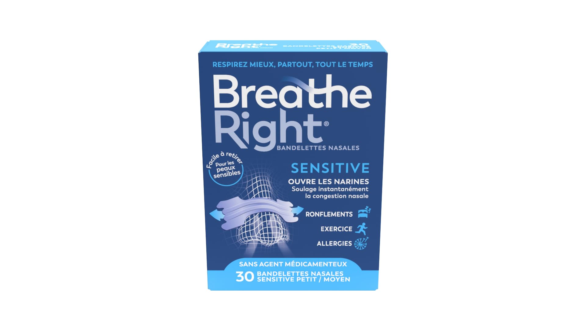 Breathe Right Sensitive - Bandelette nasale - Taille M/​S - Sommeil : aide à réduire les ronflements - Rhume, allergies, sport : vous aide à mieux respirer - Convient aux peaux sensibles, 30 pièces