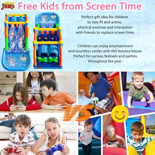 RETRO JUMP Bounce House,8 in 1 Inflatable Obstacle Course Bounce House,Inflatable Water Slide,Waterslide Park with Climbing Wall,Large Splash Pool,Obstacles,Sprinkles,Bouncy Castle Water Slide