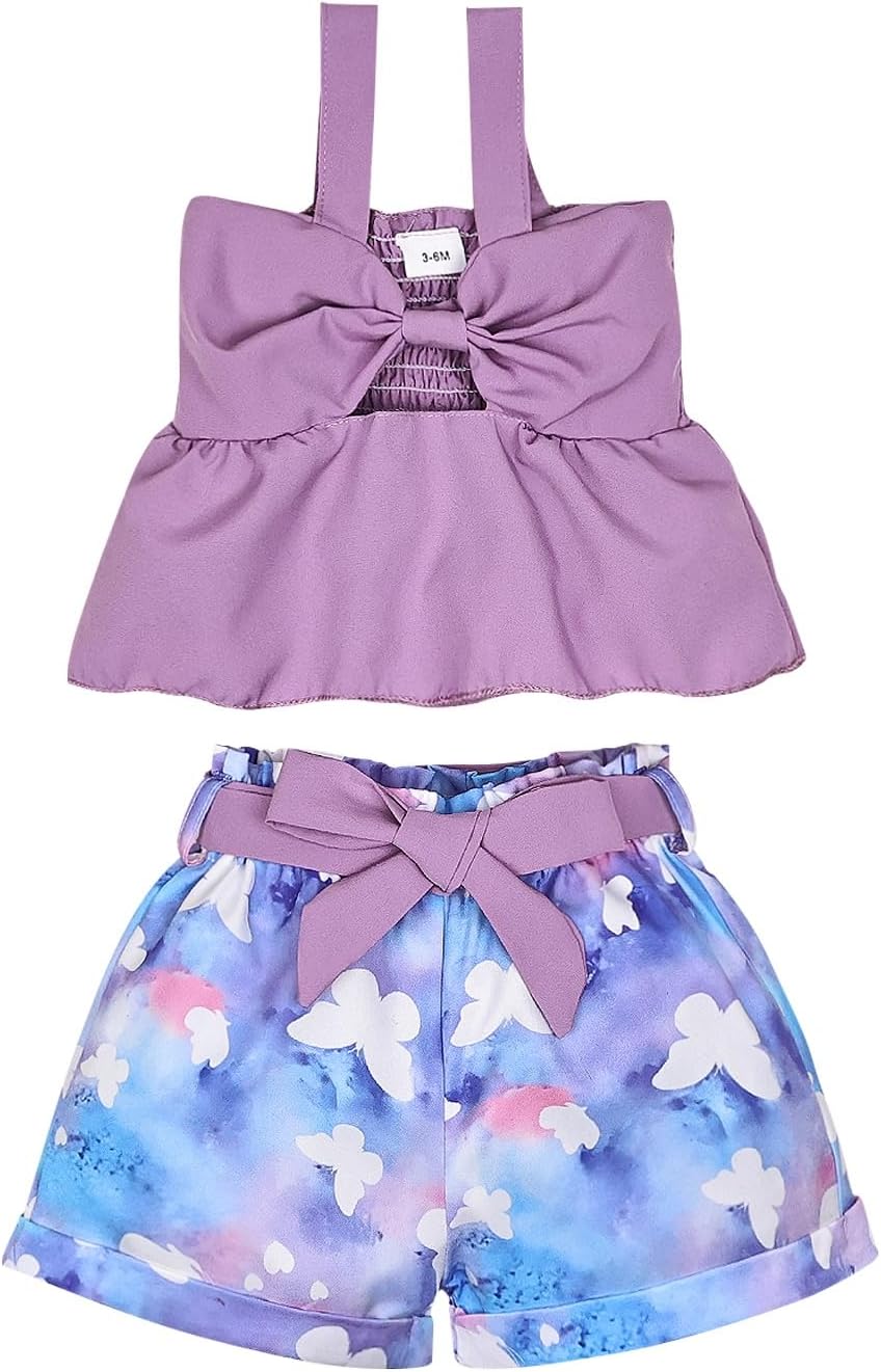 Baby Girl Clothes Summer Cute Outfits Infant Bow Strap Tank Top + Baby Girl Short set 3 Months-4 Years 6-9 Months Bow Purple