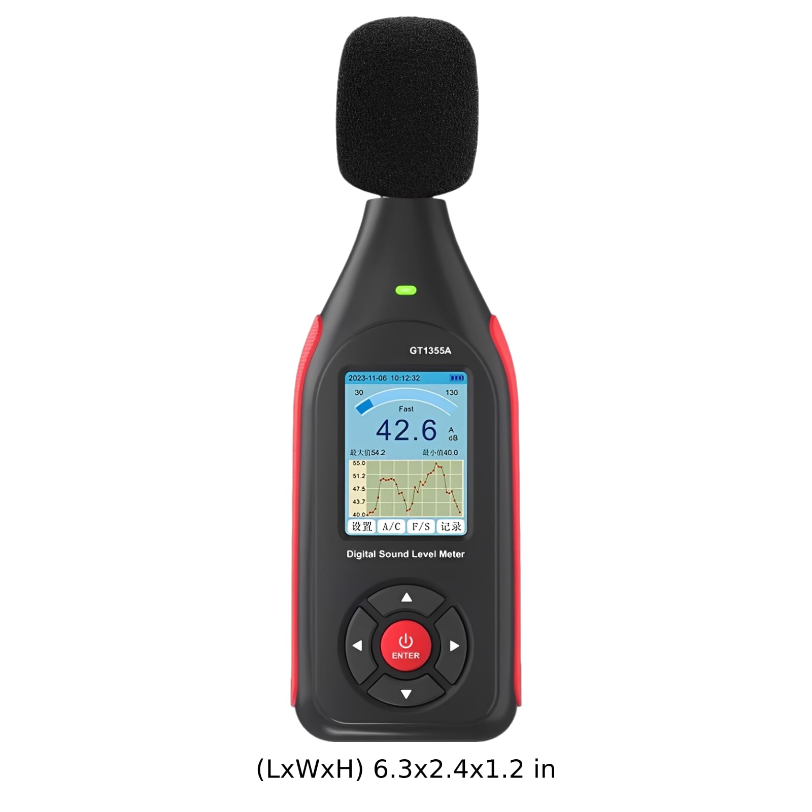 Sound Decibel Meter, GT1355A Digital Reader, 30-130dB Range, ±1.5dB Precisione, VA Schermo a colori, Archiviazione dati, Accesso software, Allarme a 3 colori, 5 Oz, Batteria 8 ore