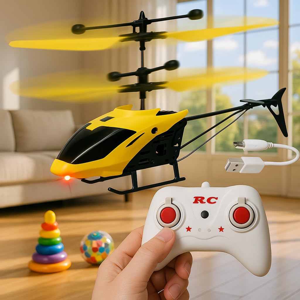 KIDZYMON® Outdoor and Indoor Flying Helicopter with Remote Control | Electronic Radio RC Remote Control Toy | Charging Helicopter with 3D Light & Safety Sensor for Kids - Pack of 1 (Yellow in Colour)