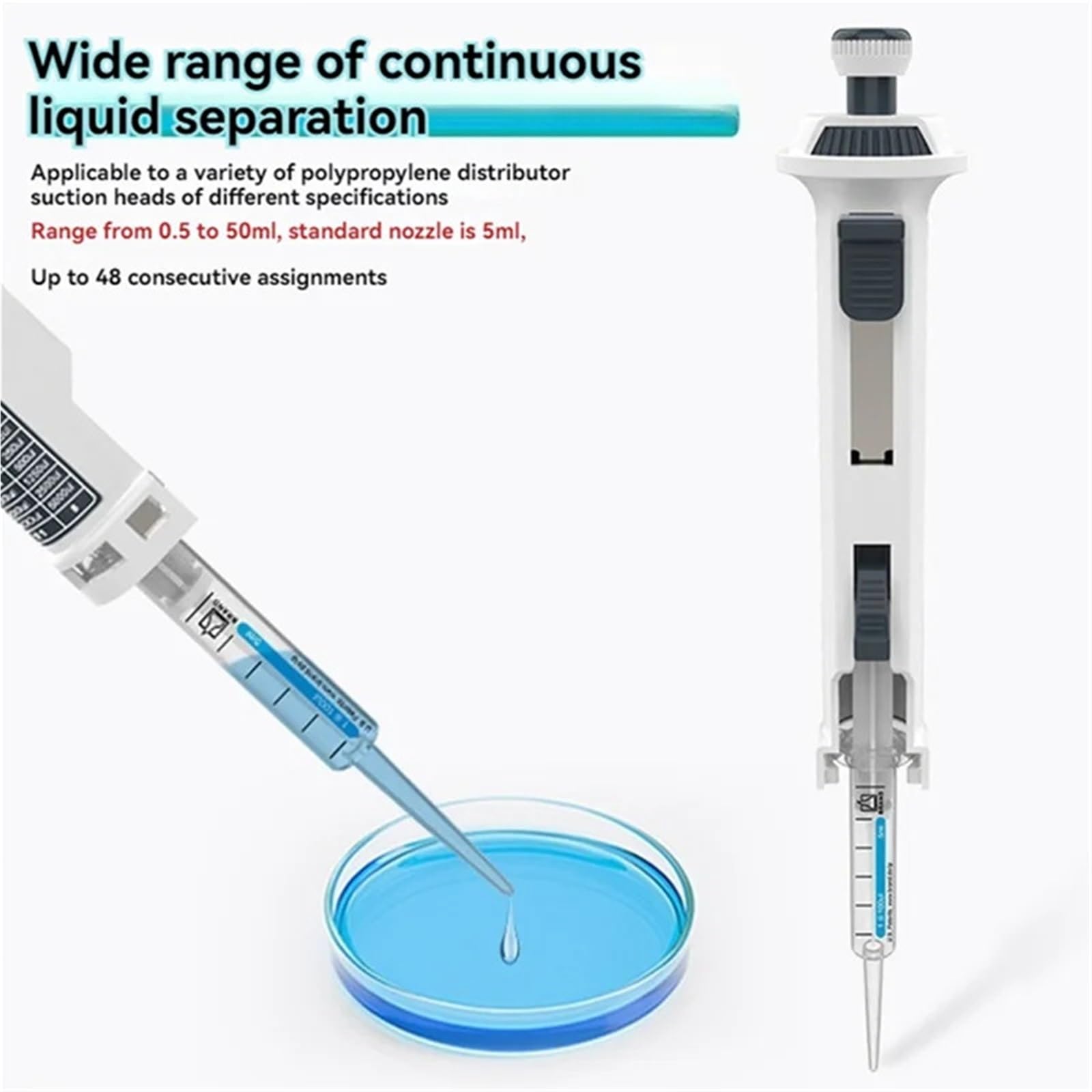 Dozownik laboratoryjny z pipetą ciągłą, regulowany dozownik ręczny końcówką 5 ml,Długowieczny sprzęt
