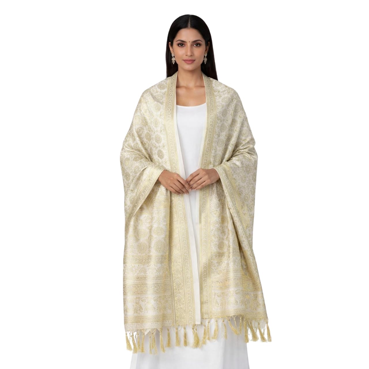 Ivory Banarasi Silk Shawl for Women | Traditional Wedding Brocade Shawl with Gold Zari | Elegant Festive & Bridal Wear-image-26