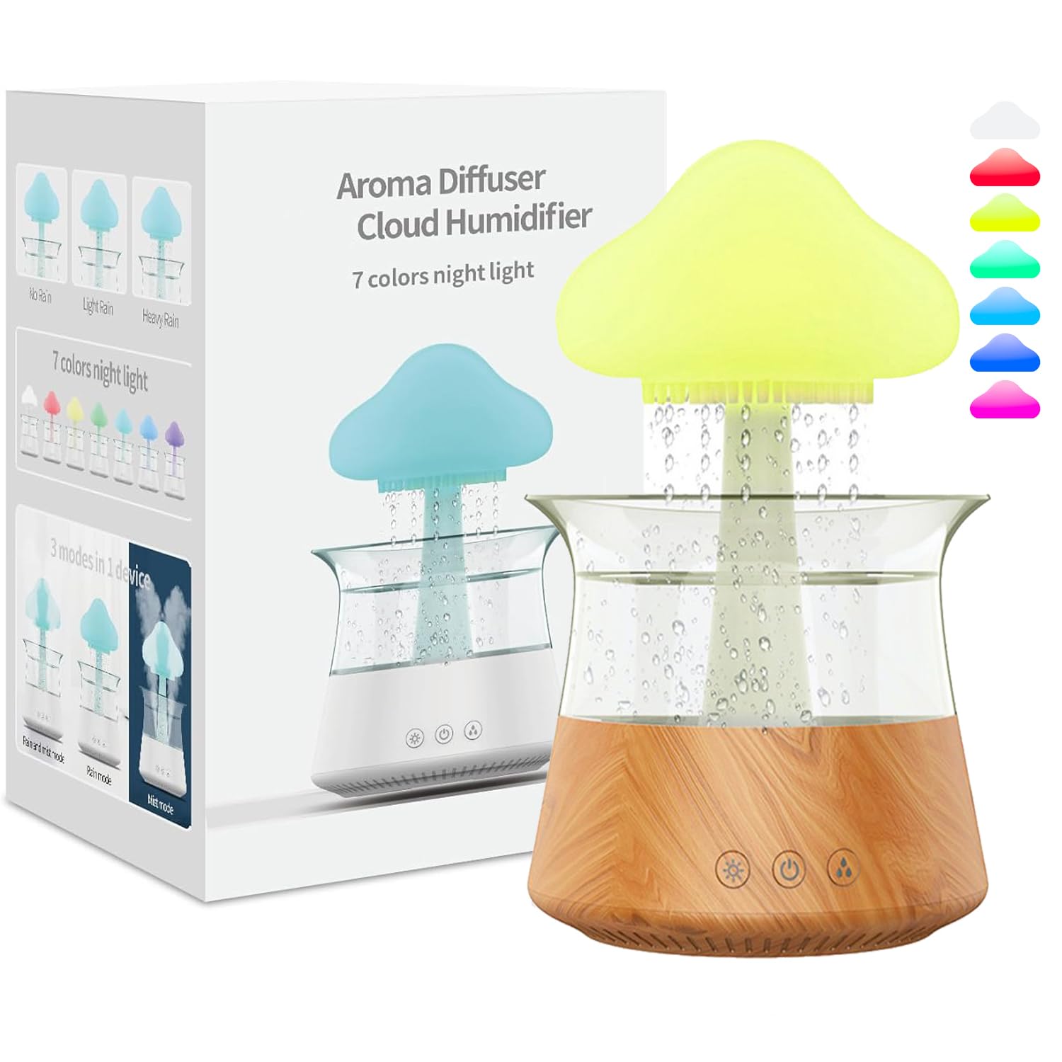 New Rain Cloud Humidifier Water Drip Rain Sounds for Sleeping Mushroom Waterfall Lamp with 7 Colors LED Changing