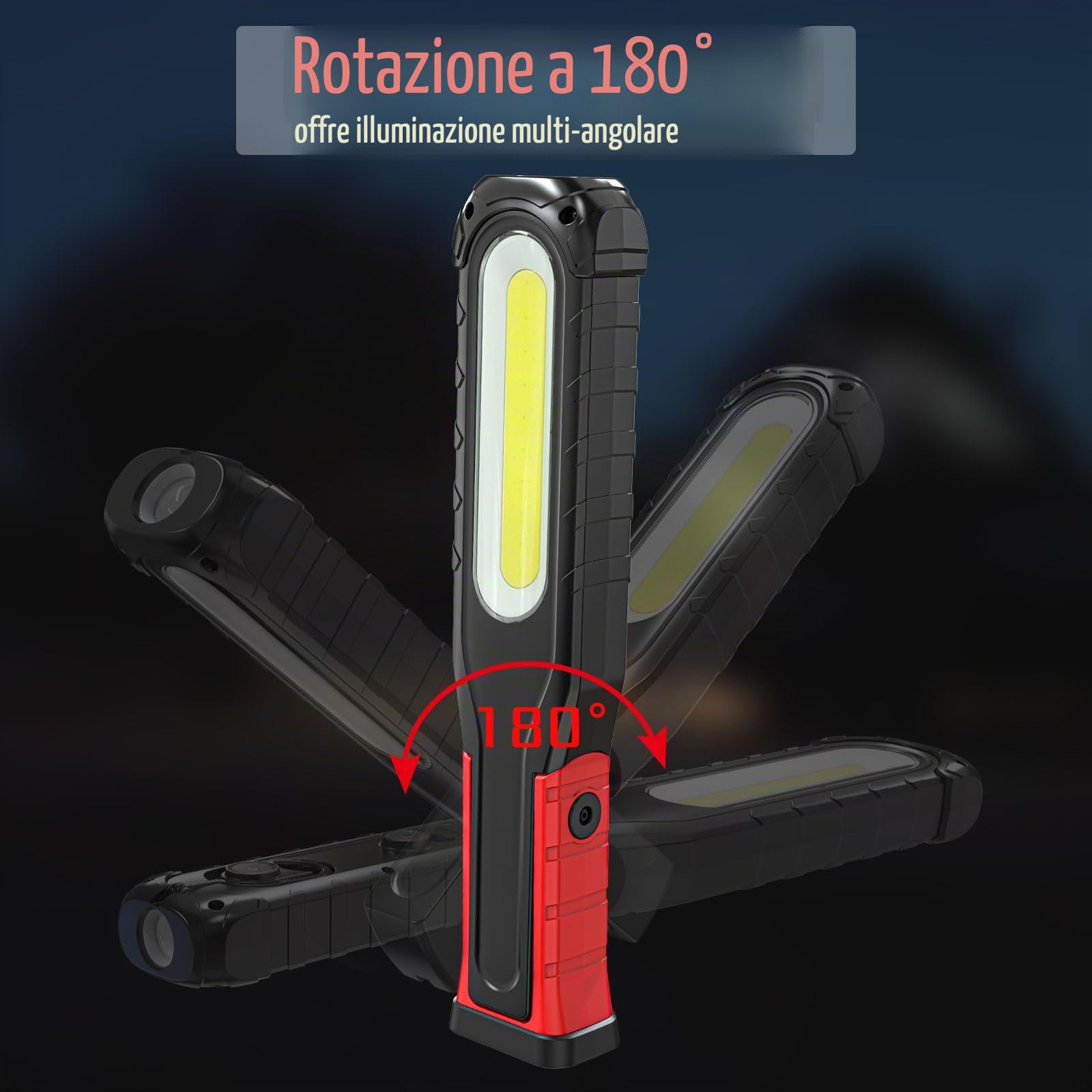 Lampada da lavoro LED, batteria da 6000 mAh, torcia elettrica con funzione orientabile, base magnetica e gancio, 5 modalità, lampada di ispezione COB per riparazione auto, officina