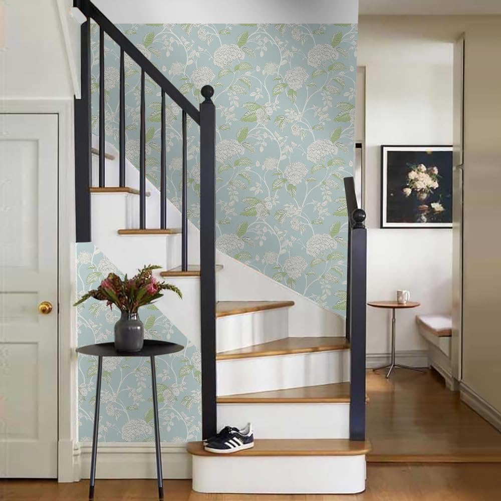 18"x236" Azure Vintage Abstract Hydrangea Flower Peel and Stick Self Adhesive Wallpaper Removable Contact Paper Stick on Easy Peel Off Wall Paper for Kitchen Bedroom Bathroom Renter