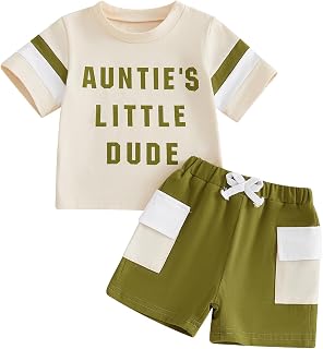 Aunties Little Dude Baby Outfit Toddler Boy 2Pcs Summer Clothes Infant Short Sleeve Shirts and Color Block Shorts Set