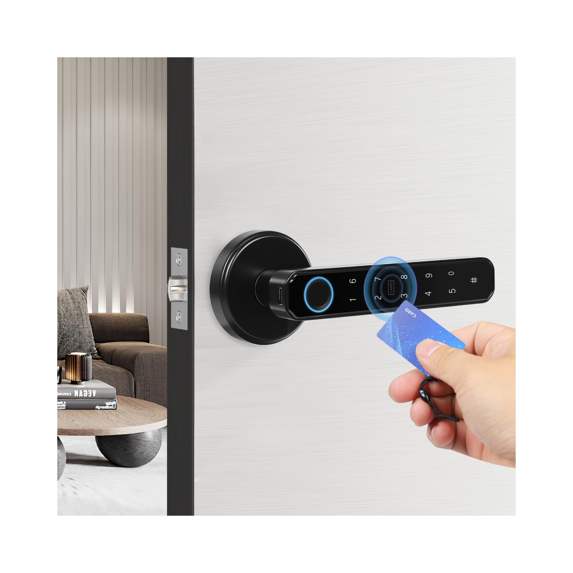 Fingerprint Door Lock, Smart Door Handle Lock with Keypad, Biometric Keyless Entry Door Knob for Home Office, Aluminium Alloy, Password IC Card Key, Type-C Emergency Power, Low Battery Alarm, Black