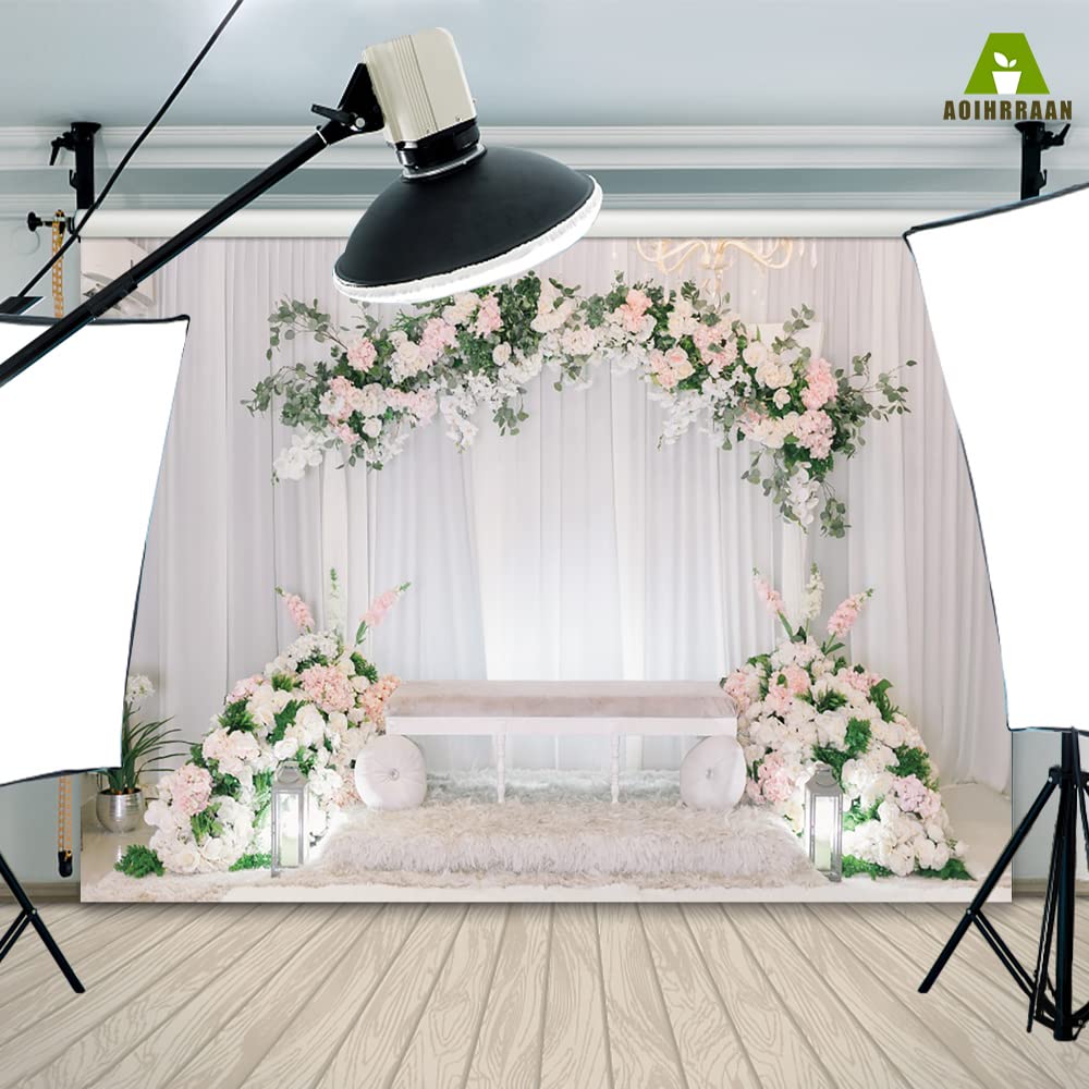 Aoihrraan 3x2m Mariage Toile De Fond Rideau Blanc Floraison Fleur Glycine Verte Rose Floral Chaise Photographie Douche Nuptiale Anniversaire Proposition Fête Saint Valentin Portrait Studio Photo