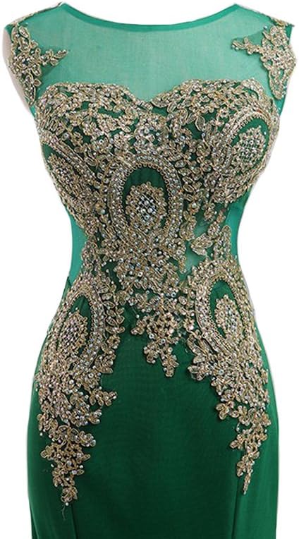 Kivary Crystals Gold Lace Mermaid Long Sheer Illusion Formal Prom Evening Dresses