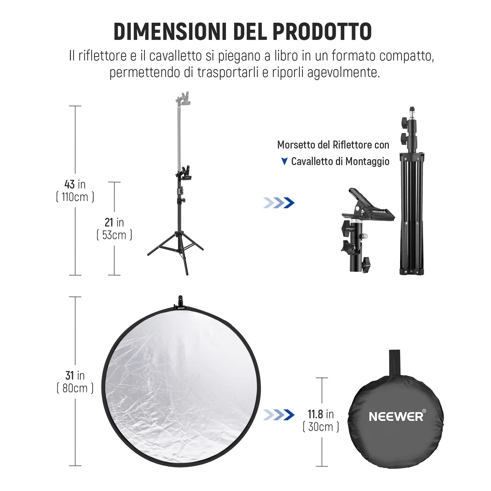 Riflettore Luce NEEWER 80cm 5in1 - Disco Pieghevole Con Morsetto Per Fotografia Studio/Esterno - Foto 9