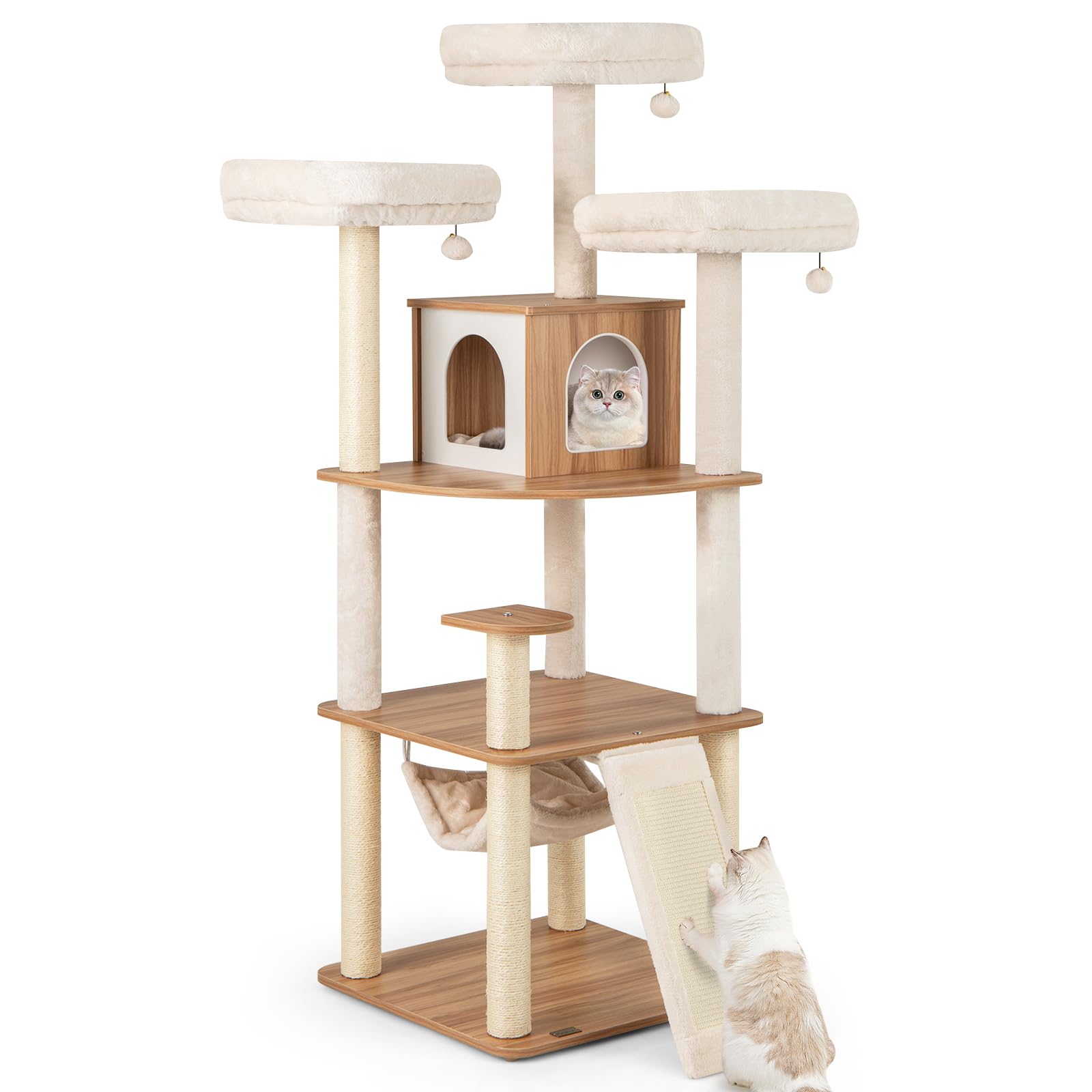 PETSITE 68-inch Modern Tall Cat Tree for Indoor Cats, Multi-Level Wooden Cat Tree Tower with Sisal Scratching Posts, 3 Top Perches, Cat Condo, Comfy