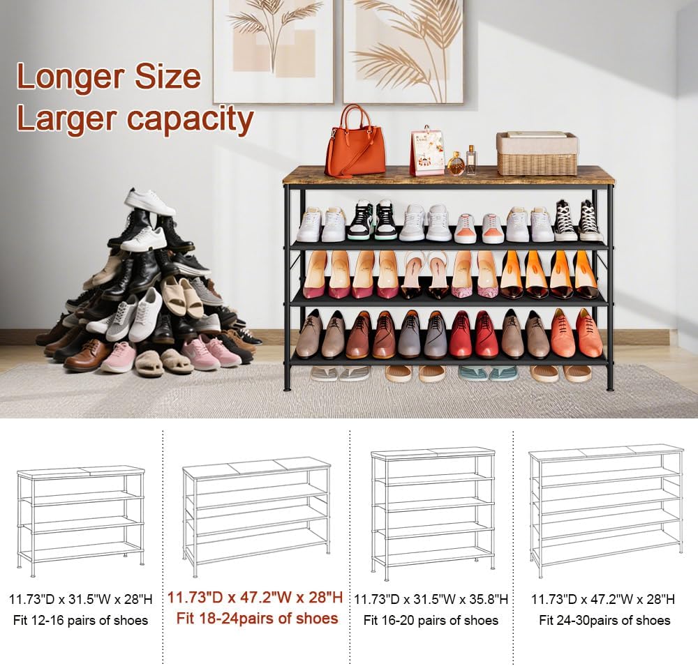 INGIORDAR Shoe Rack Organizer 5 Tier Metal Organizer Shelf with Industrial MDF Board and Layer Fabric for Entryway Closet Bedroom Living Room Garage (Black+Rustic Brown, 4 Tier(47.2" W))
